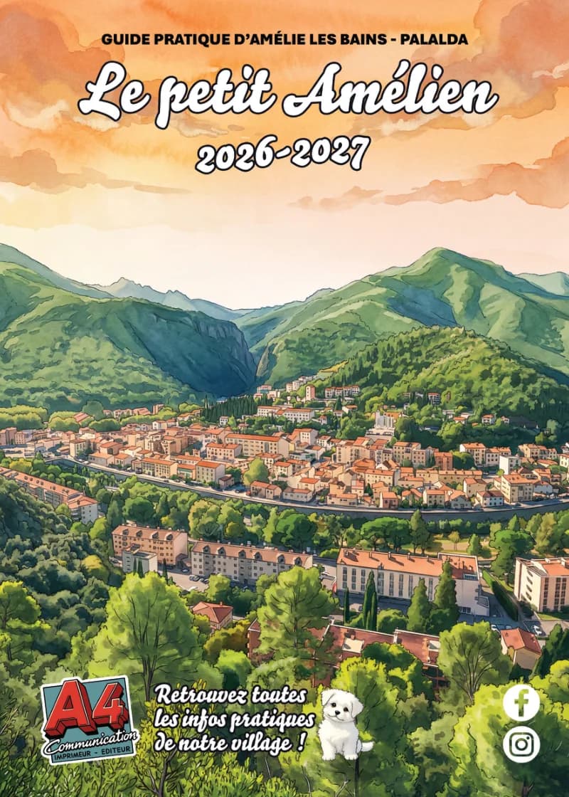 Couverture du guide pratique d’Amélie-les-Bains et Palalda « Le petit Amélien », la ville thermale au fond de la vallée en aquarelle.