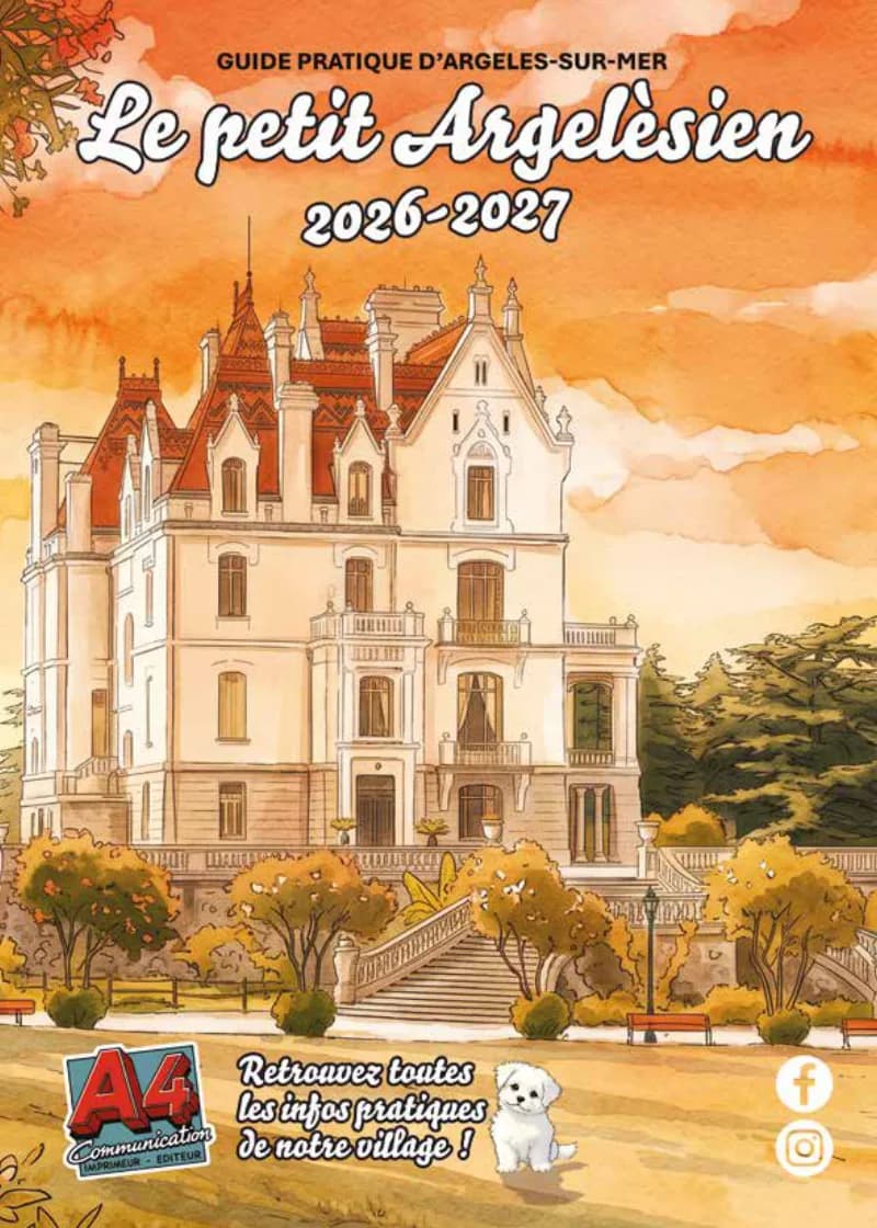 Couverture du guide pratique d'Argelès-sur-Mer « Le petit Argelésien », villa de bord de mer en aquarelle.