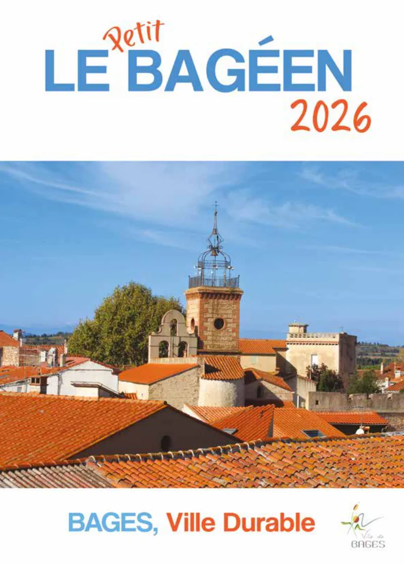 Couverture du guide pratique de Bages « Le Petit Bagéen », les toits de tuiles du village et le clocher en photographie.