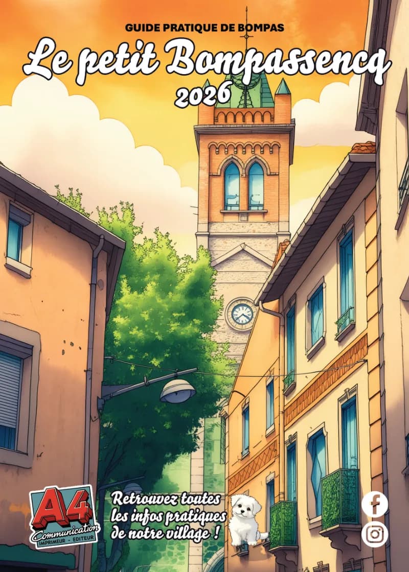 Couverture du guide pratique de Bompas « Le petit Bompassencq », clocher et rue du village en aquarelle.