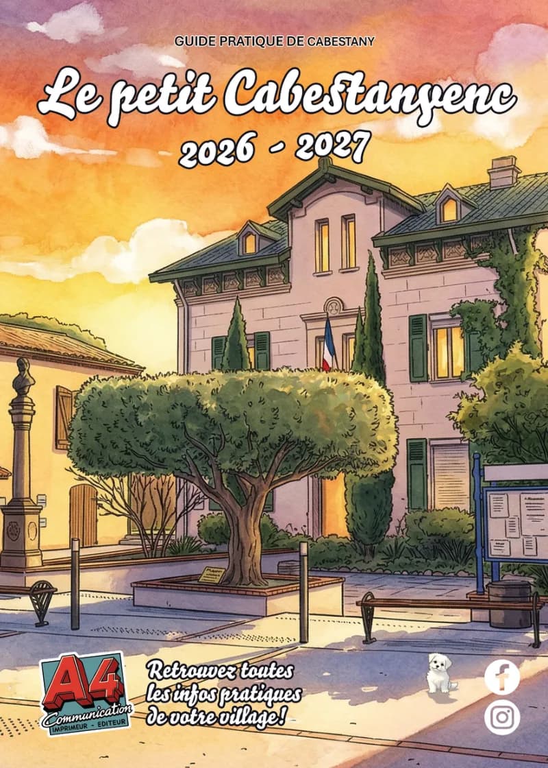 Couverture du guide pratique de Cabestany « Le petit Cabestanyenc », maison de village et grand arbre en aquarelle.