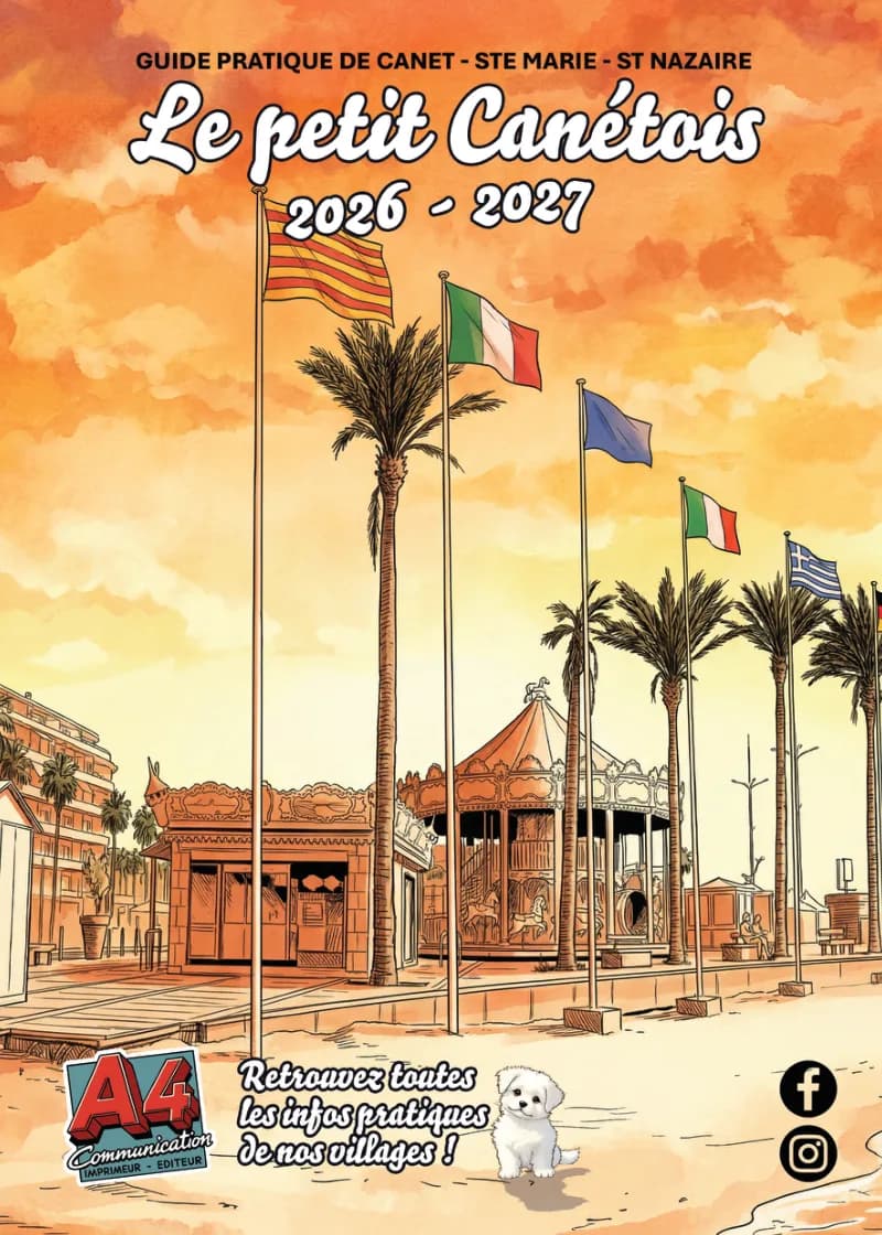 Couverture du guide pratique de Canet, Sainte-Marie et Saint-Nazaire « Le petit Canétois », kiosque et palmiers du front de mer en aquarelle.