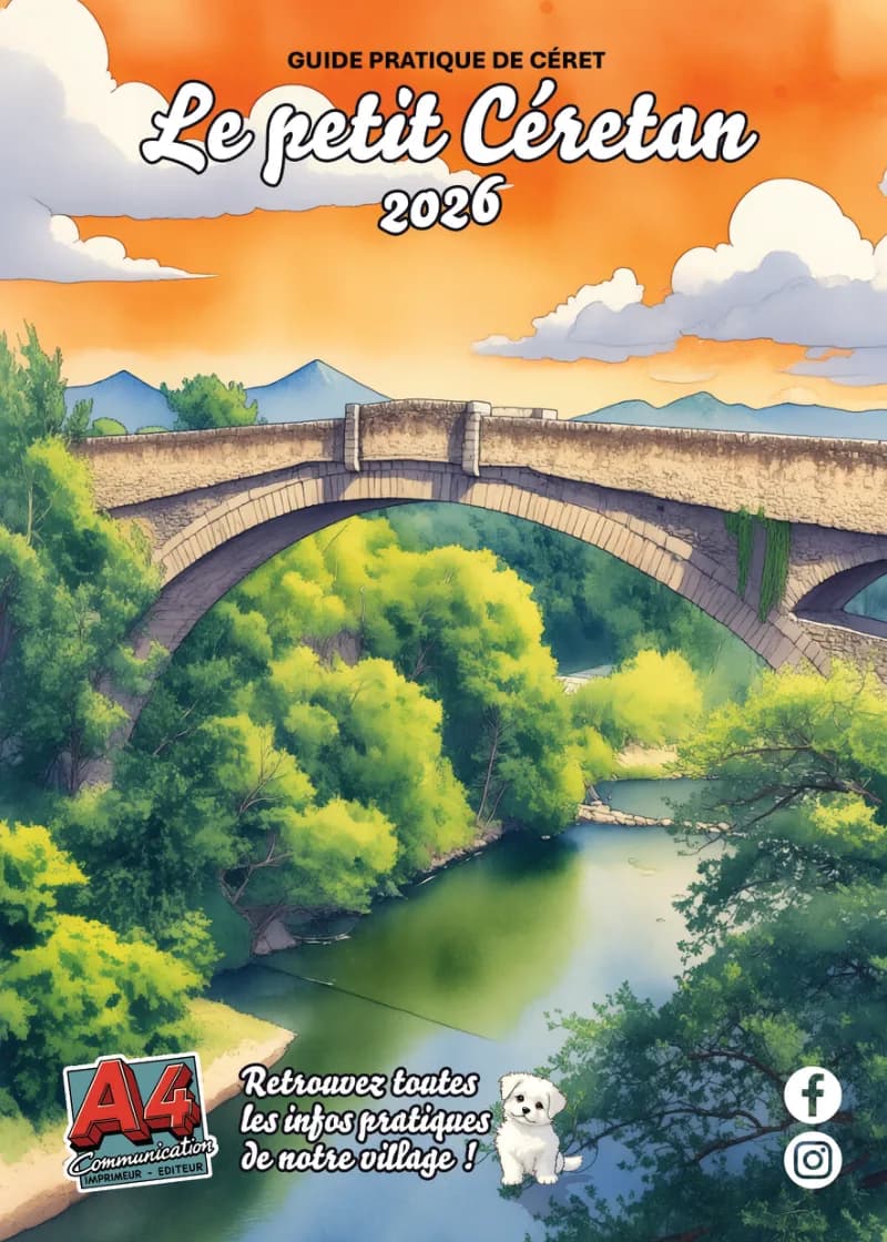 Couverture du guide pratique de Céret « Le petit Céretan », le vieux pont de pierre sur le Tech en aquarelle.