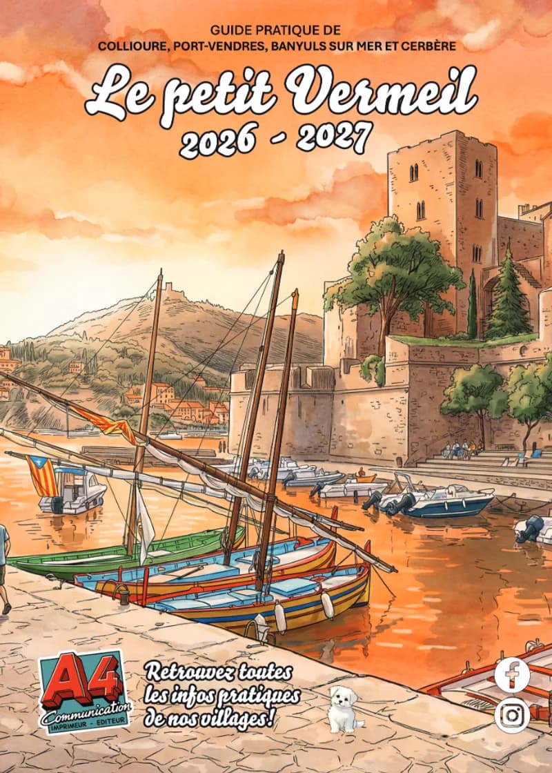 Couverture du guide « Le petit Vermeil 2026-2027 » de la Côte Vermeille, barques catalanes à Collioure en aquarelle.