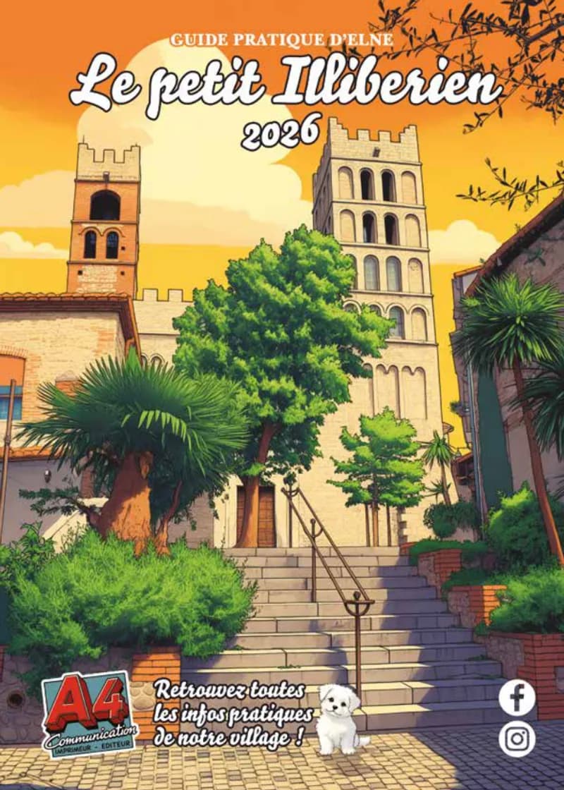 Couverture du guide pratique d'Elne « Le petit Illibérien 2026 », illustration aquarelle de la cathédrale et du campanile.