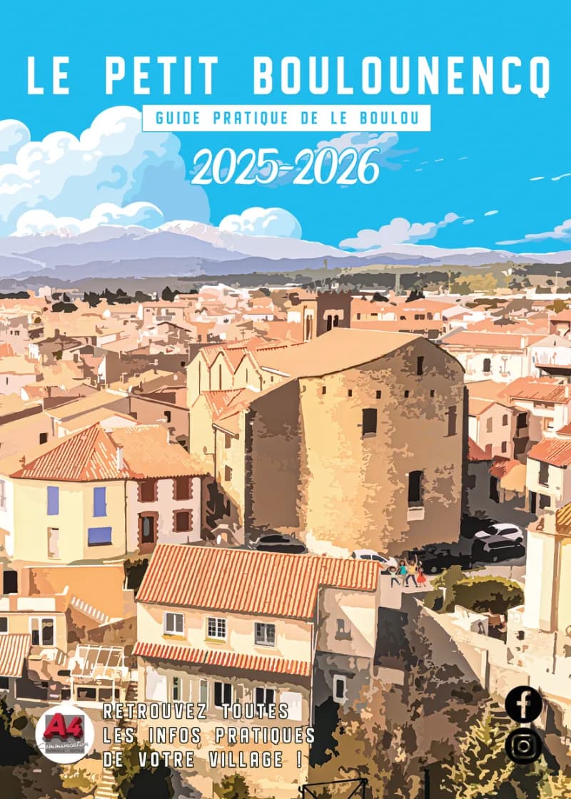 Couverture du guide pratique du Boulou « Le petit Boulounencq », les toits du village et les montagnes en illustration.