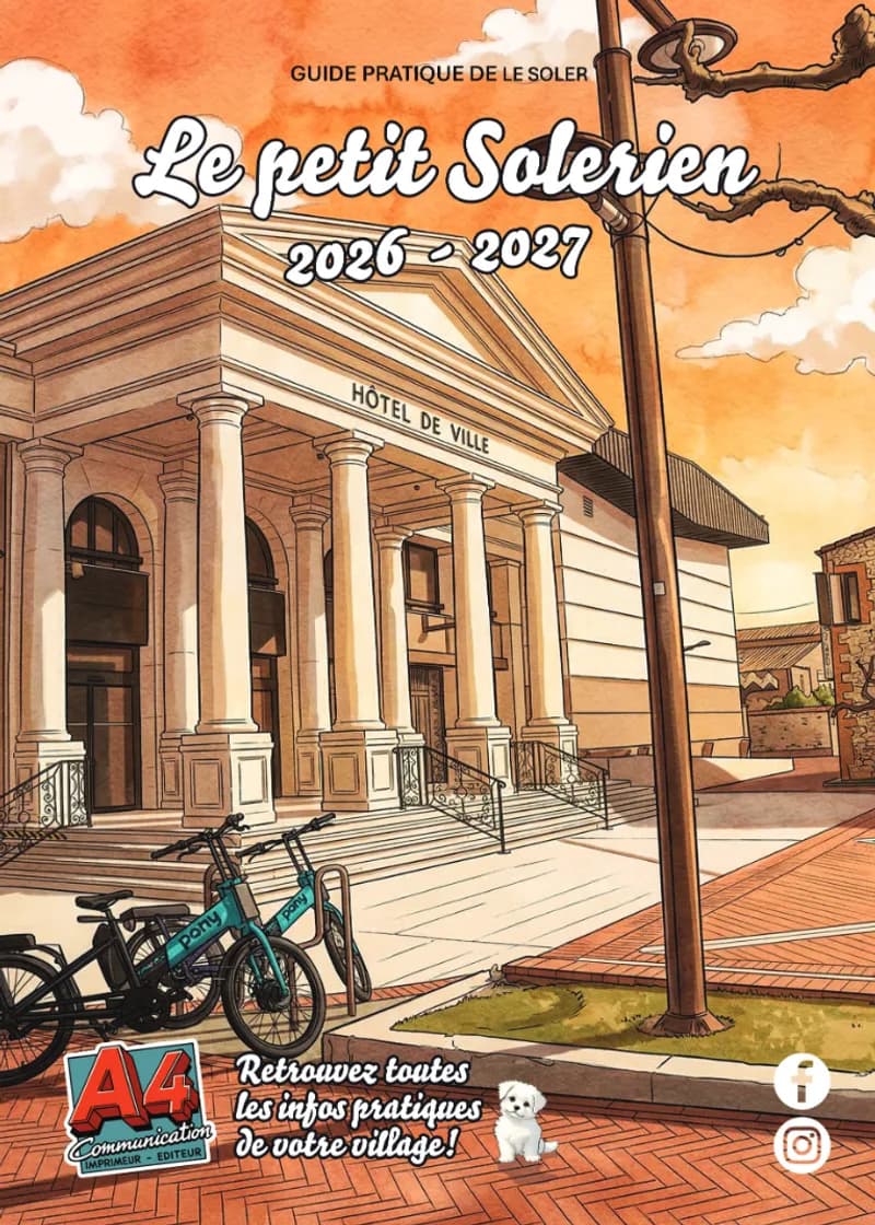 Couverture du guide pratique du Soler « Le petit Solérien 2026-2027 », hôtel de ville en aquarelle.