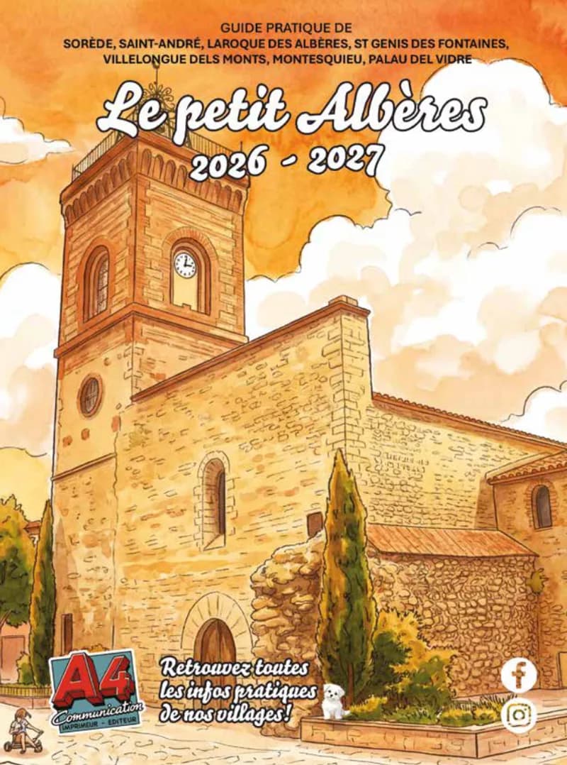 Couverture du guide pratique des Albères 2026-2027, clocher de pierre d'un village en aquarelle.
