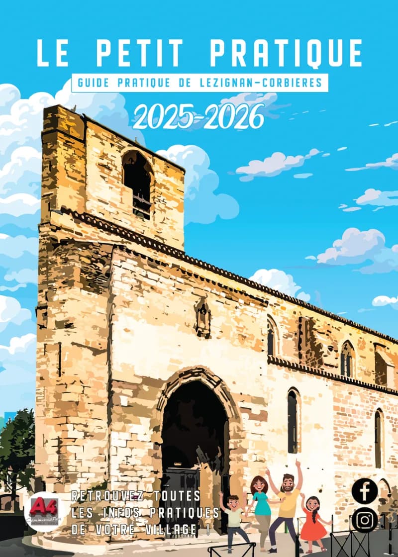 Couverture du guide pratique de Lézignan-Corbières « Le petit Pratique », l’église fortifiée et son clocher en illustration.