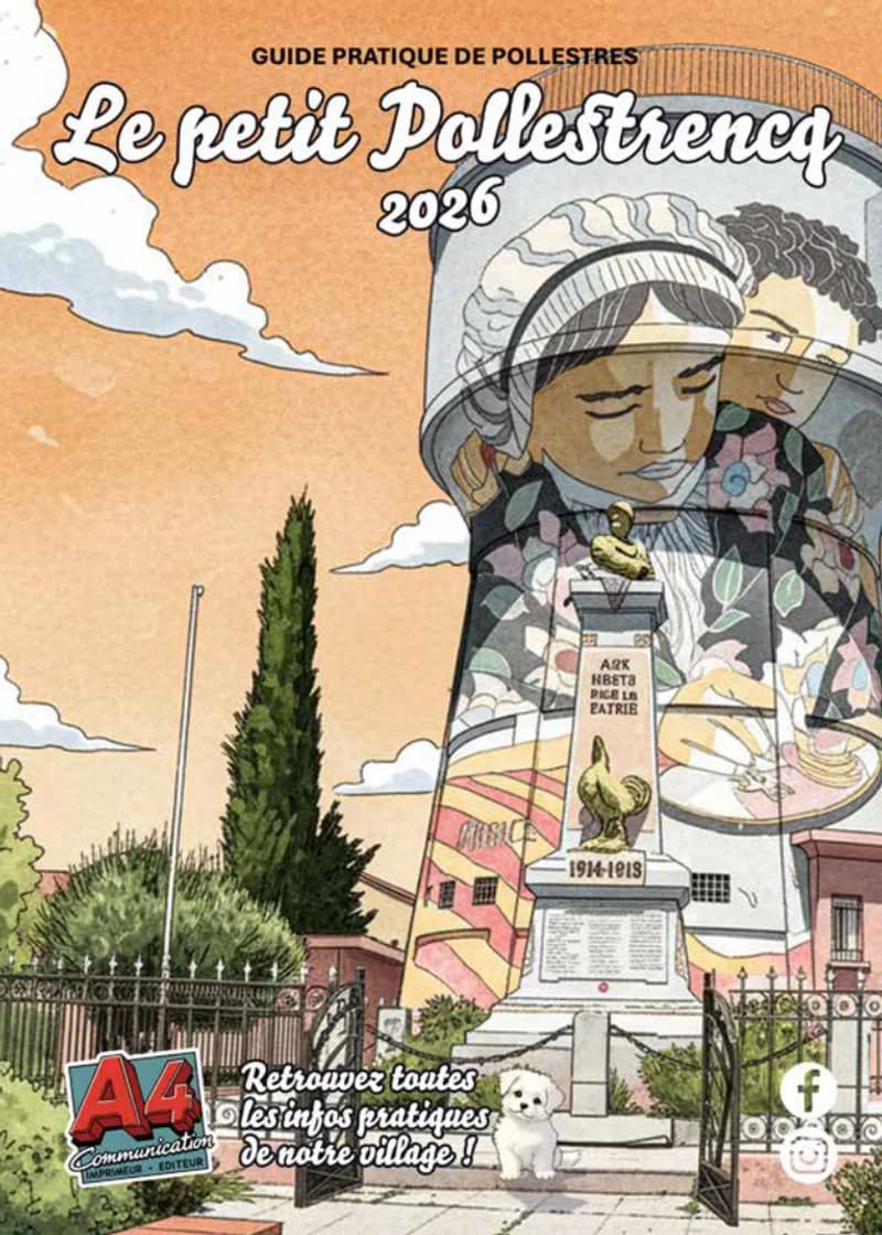 Couverture du guide pratique de Pollestres « Le petit Pollestrenc 2026 », fresque murale en aquarelle.