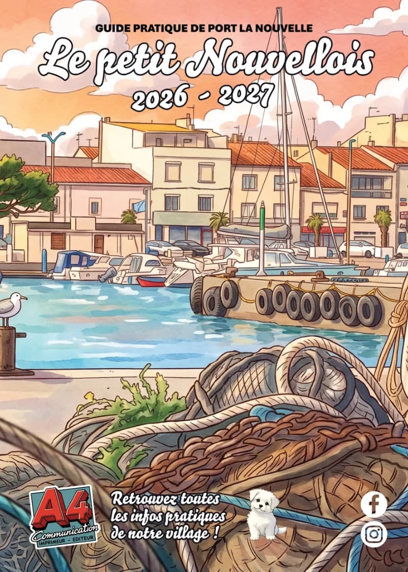 Couverture du guide pratique de Port-la-Nouvelle « Le petit Nouvellois », le port, les bateaux et les cordages de pêche en aquarelle.