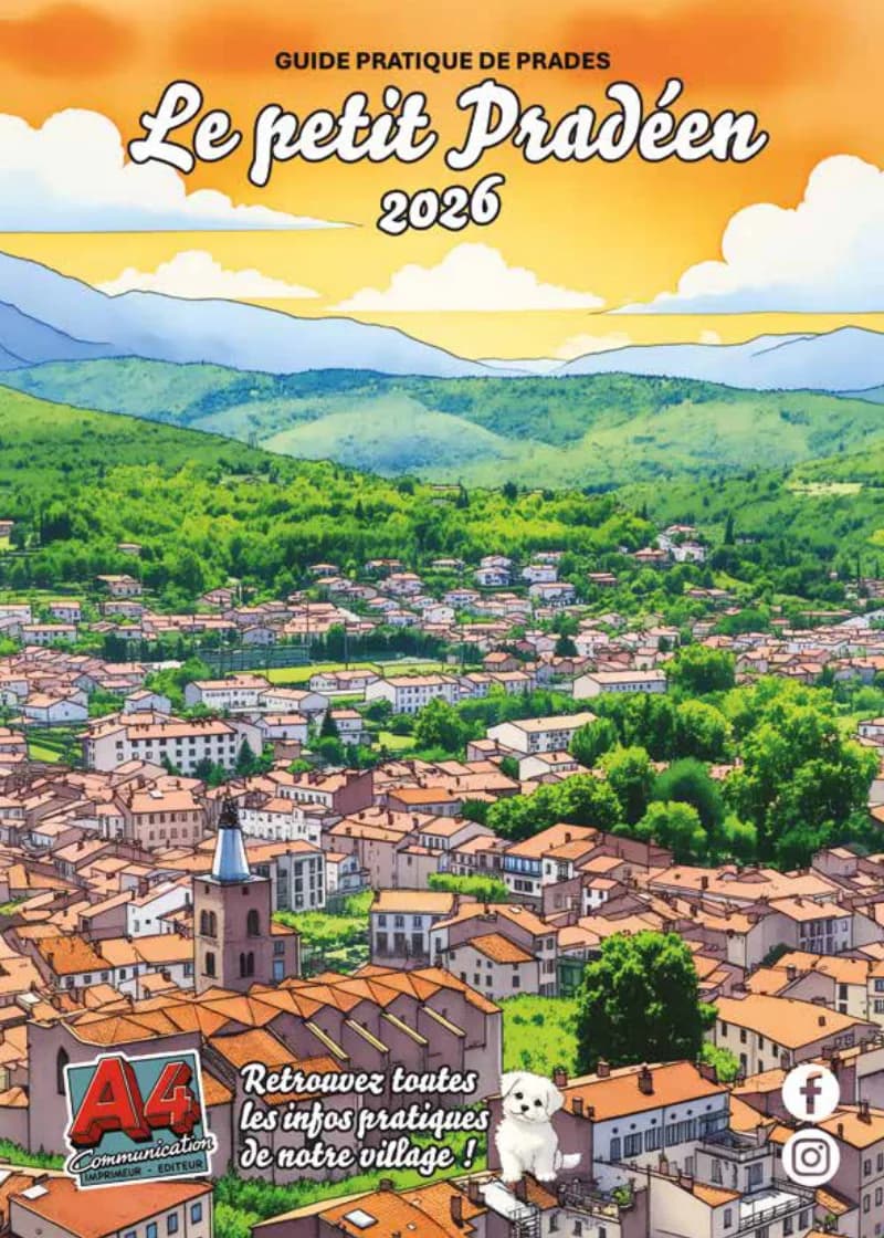Couverture du guide pratique de Prades « Le petit Pradéen », toits du village et montagnes en aquarelle.