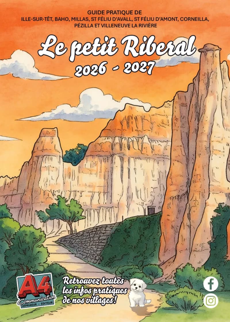Couverture du guide pratique du Ribéral « Le petit Riberal », les orgues d’Ille-sur-Têt en aquarelle.