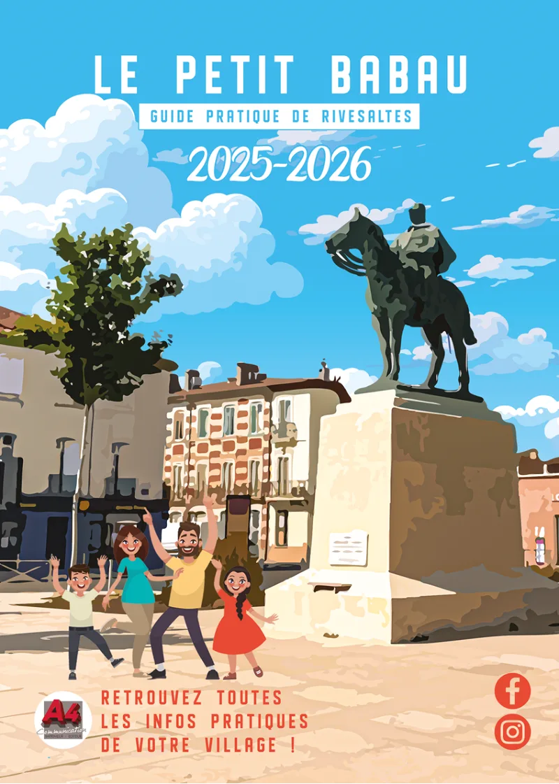 Couverture du guide pratique de Rivesaltes « Le petit Babau », la statue du maréchal Joffre sur la place du village en illustration.