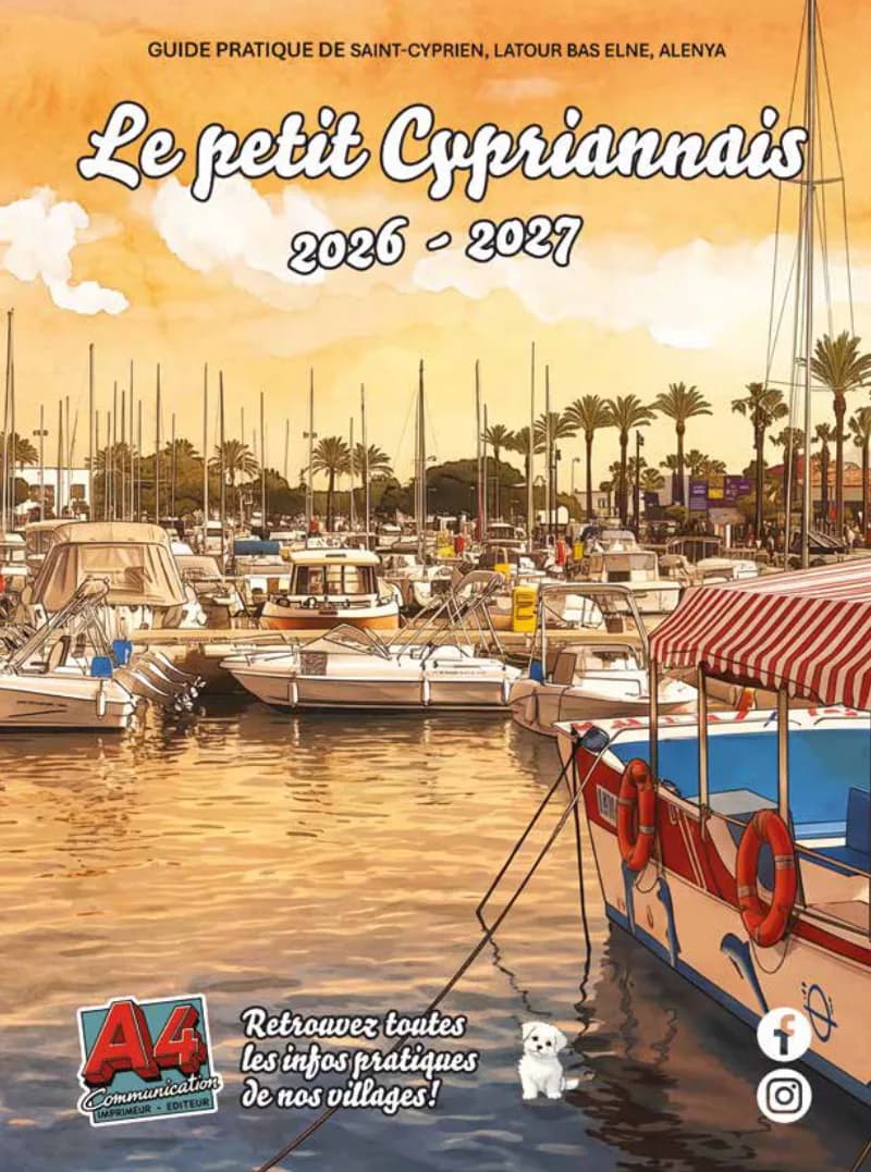 Couverture du guide pratique de Saint-Cyprien, Latour Bas Elne et Alénya « Le petit Cypriannais », port de plaisance et barques en aquarelle.