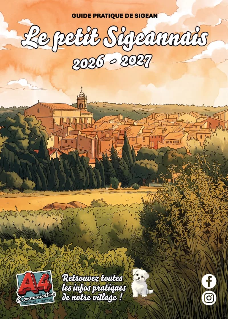 Couverture du guide pratique de Sigean « Le petit Sigeannais », le village et son clocher au-dessus des vignes en aquarelle.