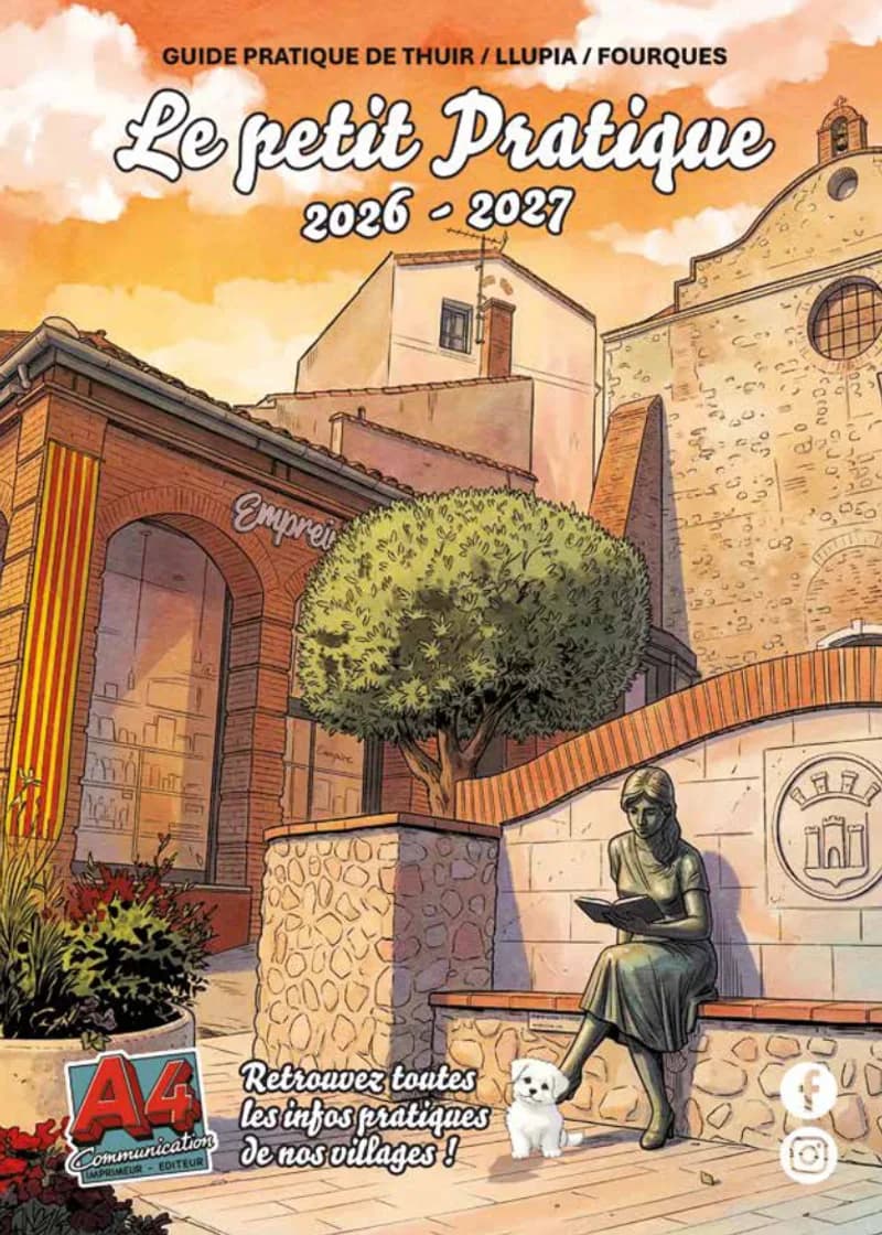 Couverture du guide pratique de Thuir, Llupia et Fourques « Le petit Pratique 2026-2027 » en aquarelle.
