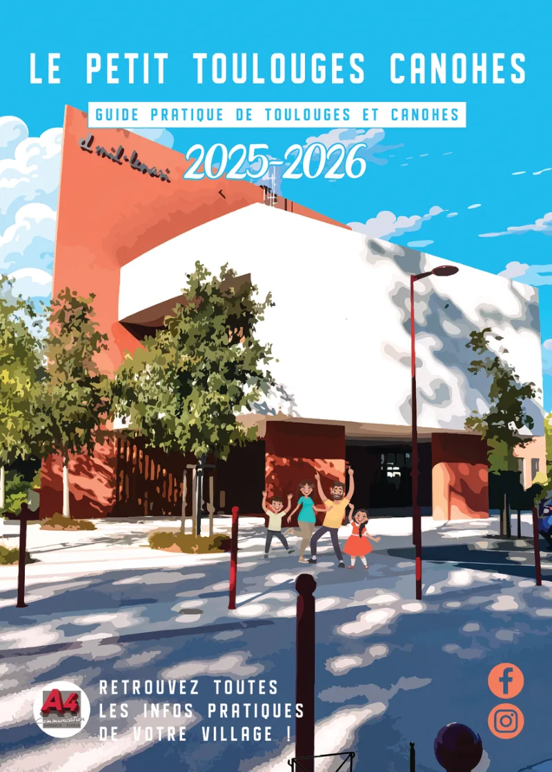 Couverture du guide pratique de Toulouges et Canohès « Le petit Toulouges Canohès », la salle Le Nid et sa façade rouge en illustration.