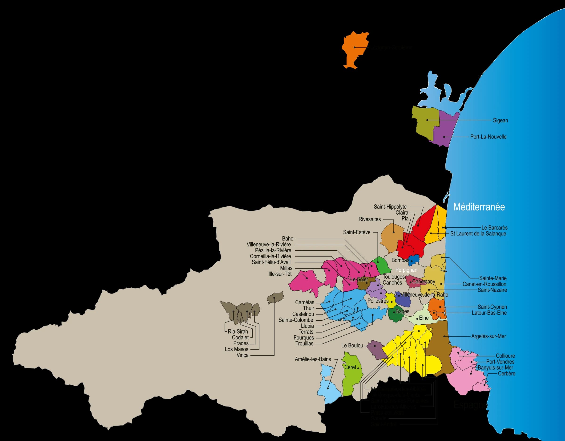 Carte des zones couvertes par les guides pratiques A4 Communication, des Pyrénées-Orientales aux Corbières audoises.